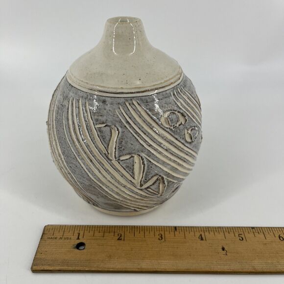 Vintage Stoneware Ceramic Studio Art Pottery Glazed Carved Bud Vase Signed - Picture 12 of 14